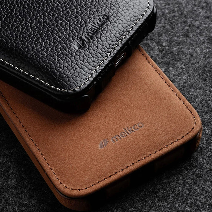 MELKCO For iPhone 15 Pro Max Case Litchi Texture Genuine Cow Leather+PC Vertical Flip Cover - Black - 6