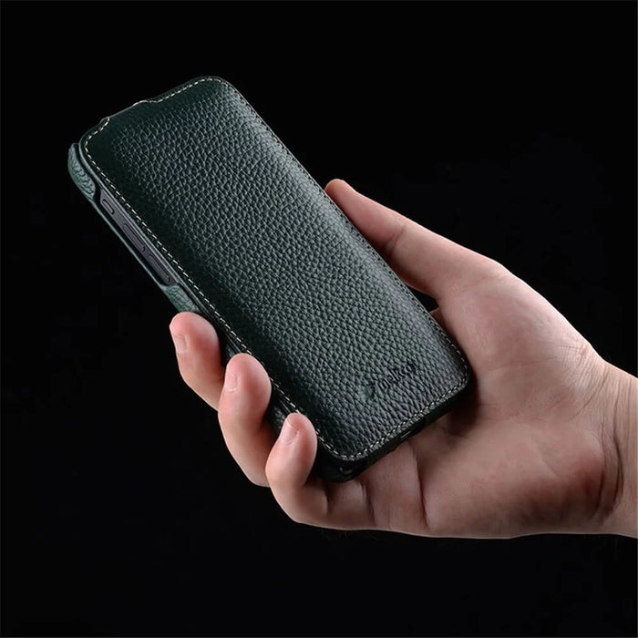 MELKCO For iPhone 15 Pro Max Case Litchi Texture Genuine Cow Leather+PC Vertical Flip Cover - Black - 7