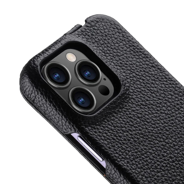 MELKCO For iPhone 15 Pro Case Litchi Texture Vertical Flip Genuine Cow Leather+PC Cover - Black - 3