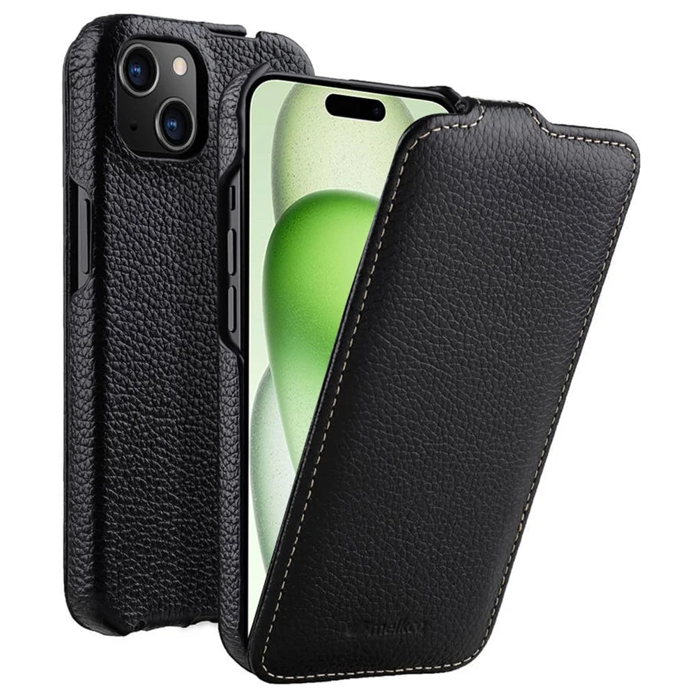 MELKCO For iPhone 15 Case Anti-drop Vertical Flip Genuine Cow Leather+PC Cover - Black - 1