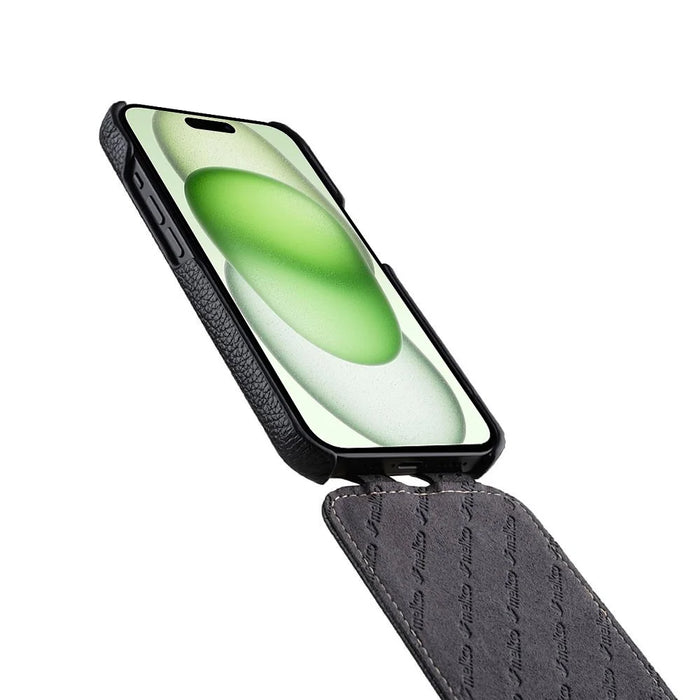 MELKCO For iPhone 15 Case Anti-drop Vertical Flip Genuine Cow Leather+PC Cover - Black - 2