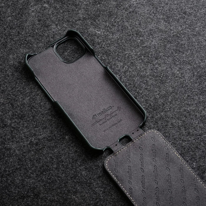 MELKCO For iPhone 15 Case Anti-drop Vertical Flip Genuine Cow Leather+PC Cover - Black - 3