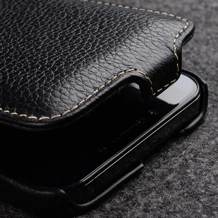 MELKCO For iPhone 15 Case Anti-drop Vertical Flip Genuine Cow Leather+PC Cover - Black - 4