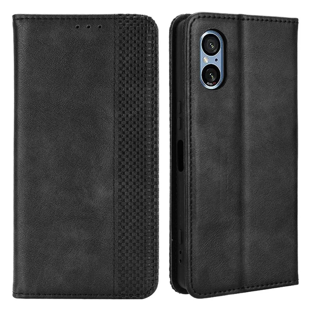 For Sony Xperia 5 V Case Magnetic Closing Retro Leather Wallet Stand Phone Cover - Black - 1