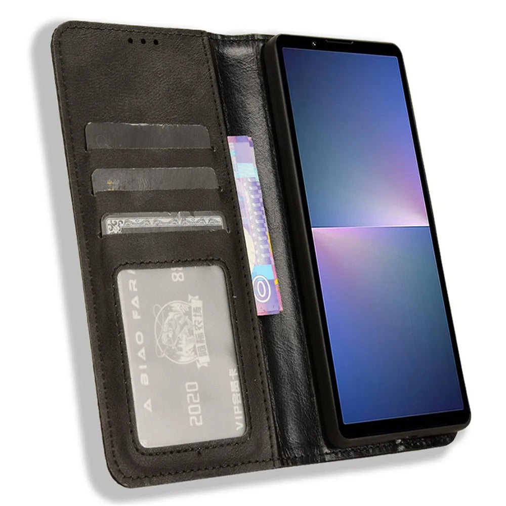 For Sony Xperia 5 V Case Magnetic Closing Retro Leather Wallet Stand Phone Cover - Black - 2