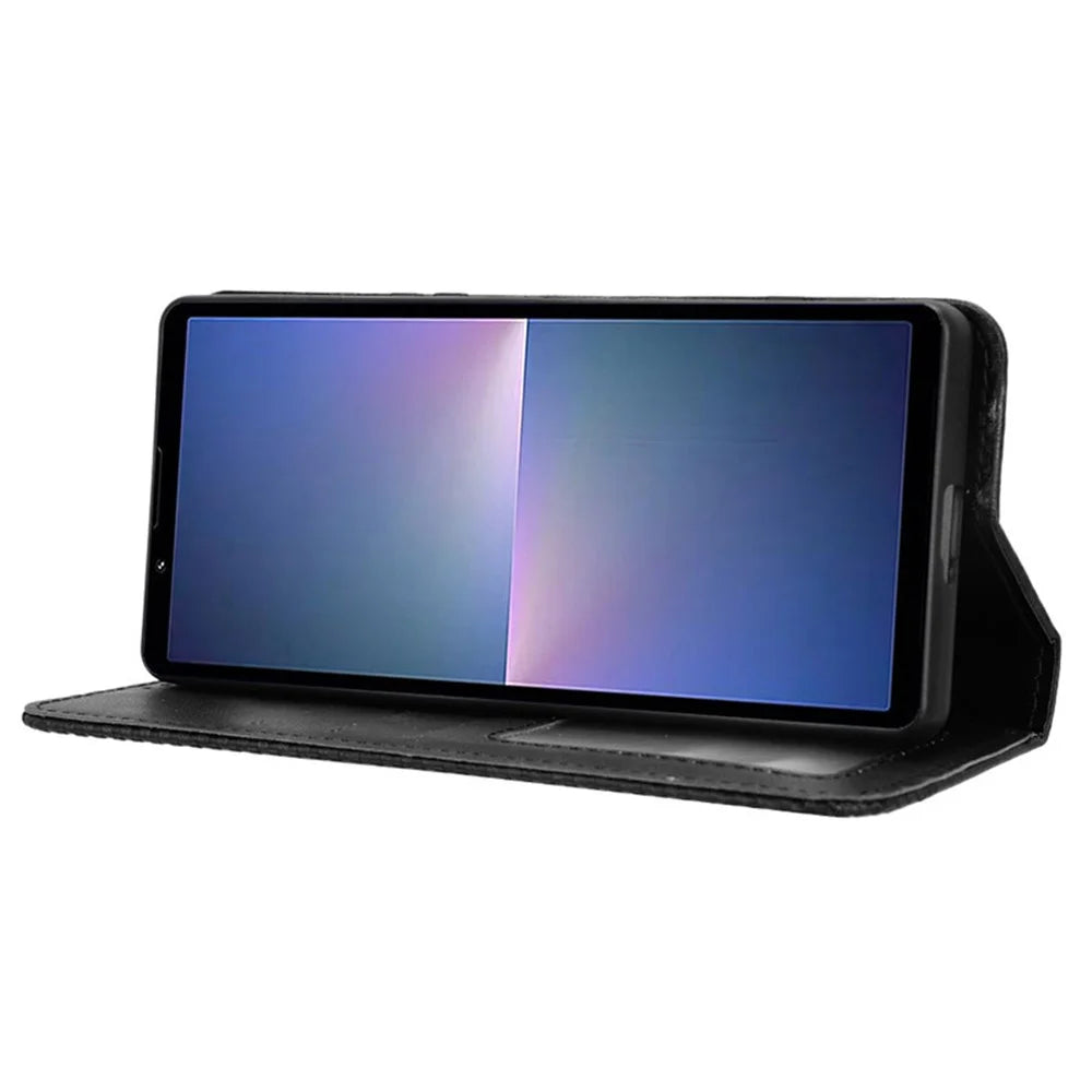 For Sony Xperia 5 V Case Magnetic Closing Retro Leather Wallet Stand Phone Cover - Black - 3
