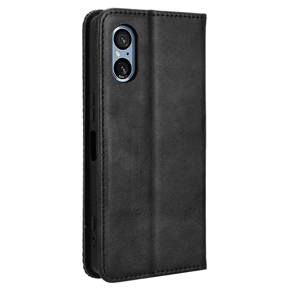 For Sony Xperia 5 V Case Magnetic Closing Retro Leather Wallet Stand Phone Cover - Black - 6