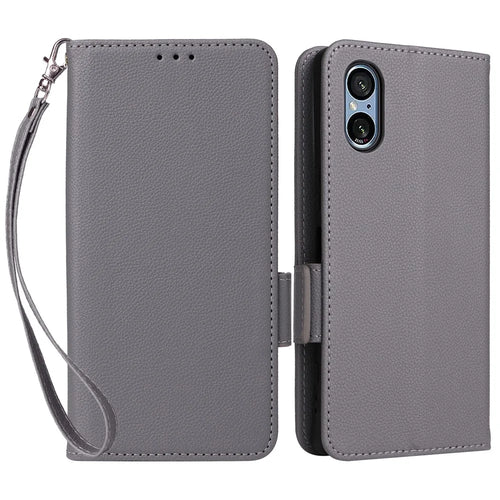 For Sony Xperia 5 V Case Litchi Texture Leather Wallet Cellphone Cover with Strap - Grey - 1
