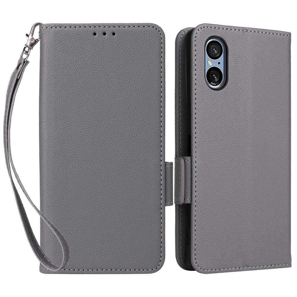For Sony Xperia 5 V Case Litchi Texture Leather Wallet Cellphone Cover with Strap - Grey - 1