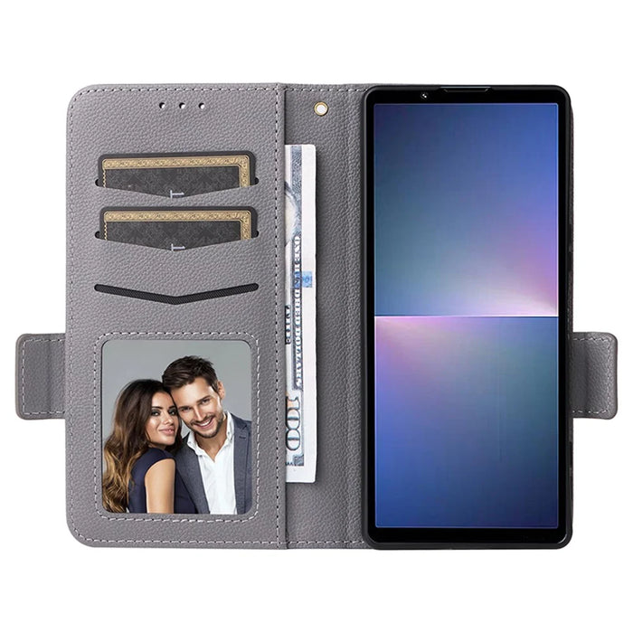 For Sony Xperia 5 V Case Litchi Texture Leather Wallet Cellphone Cover with Strap - Grey - 2