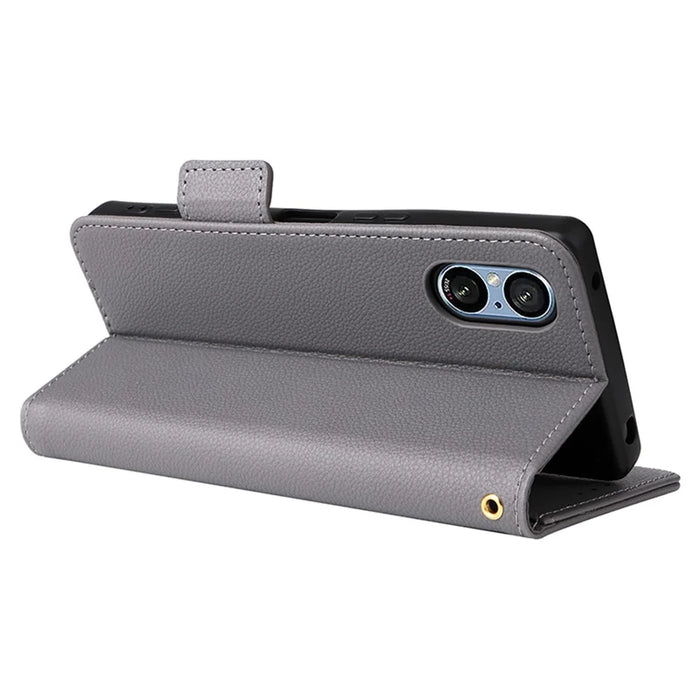 For Sony Xperia 5 V Case Litchi Texture Leather Wallet Cellphone Cover with Strap - Grey - 4