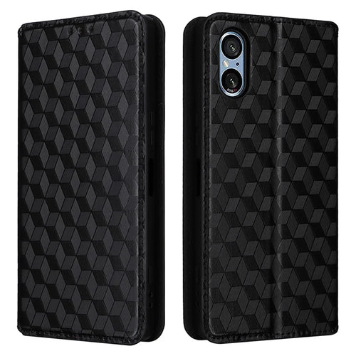 For Sony Xperia 5 V Cover Rhombus Imprinted PU Leather Stand Wallet Phone Shell - Black - 1