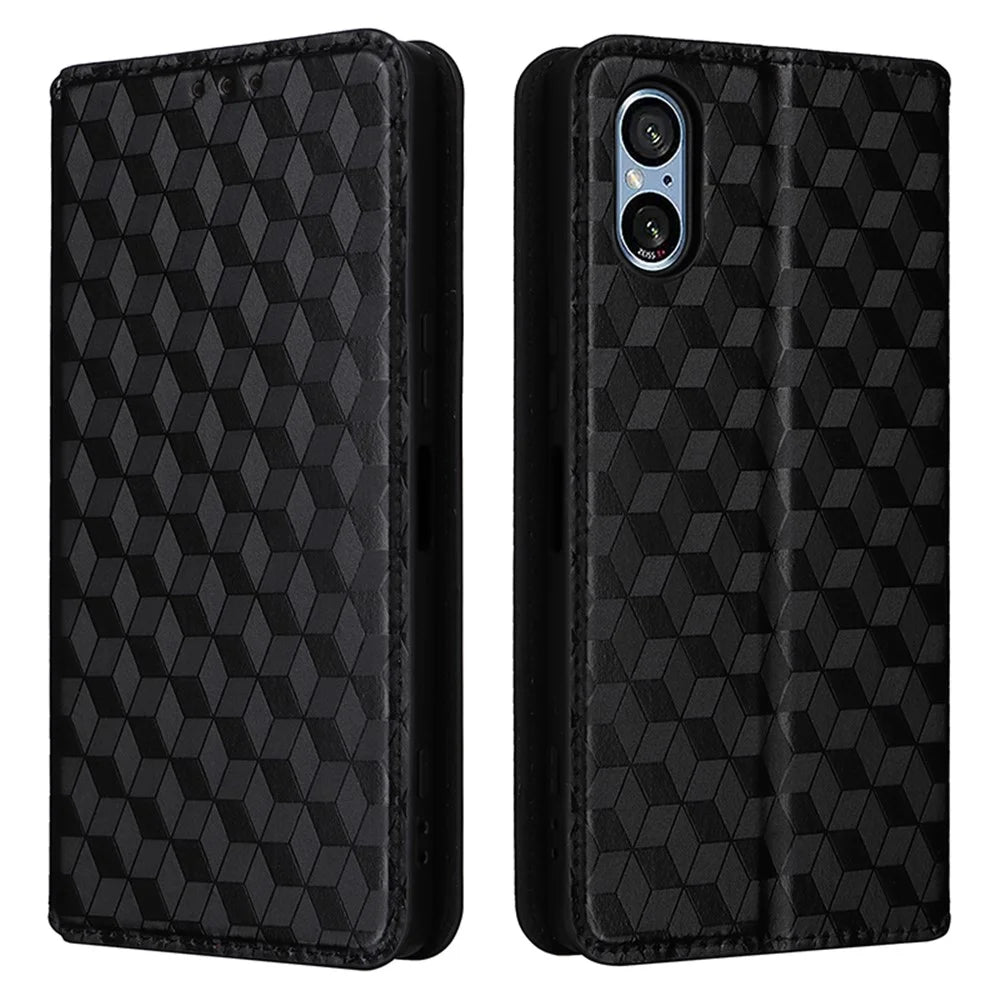 For Sony Xperia 5 V Cover Rhombus Imprinted PU Leather Stand Wallet Phone Shell - Black - 1