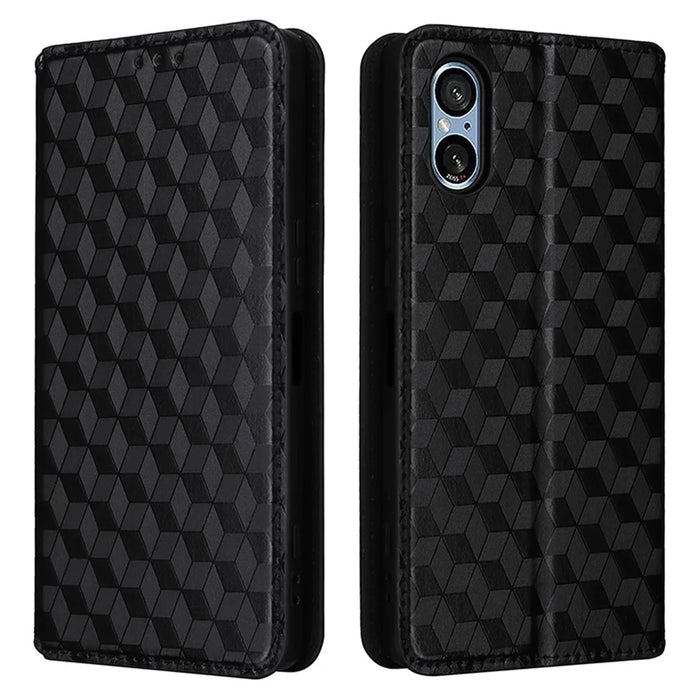 For Sony Xperia 5 V Cover Rhombus Imprinted PU Leather Stand Wallet Phone Shell - Black - 1