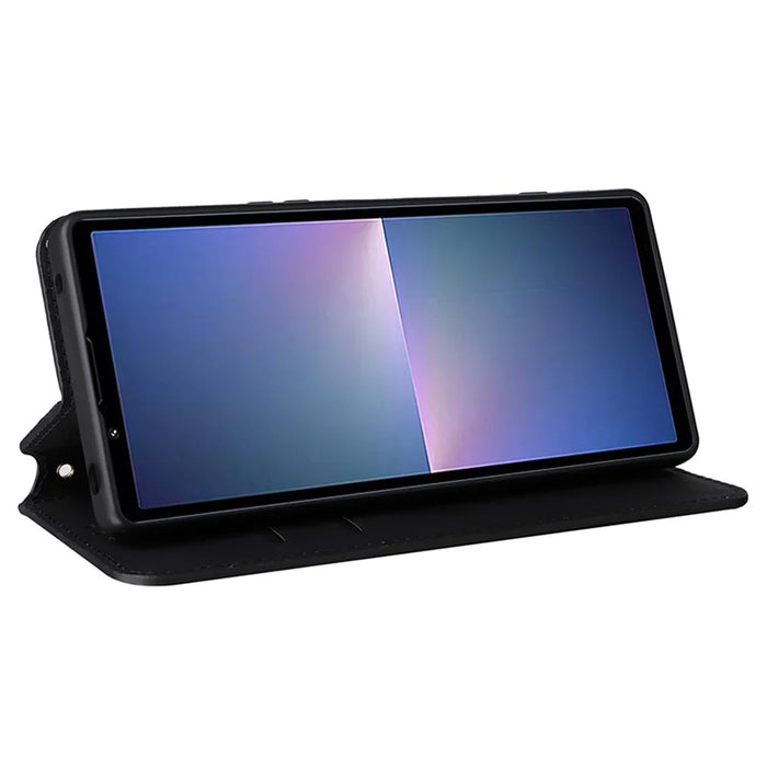 For Sony Xperia 5 V Cover Rhombus Imprinted PU Leather Stand Wallet Phone Shell - Black - 3