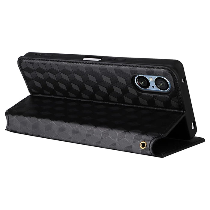 For Sony Xperia 5 V Cover Rhombus Imprinted PU Leather Stand Wallet Phone Shell - Black - 4