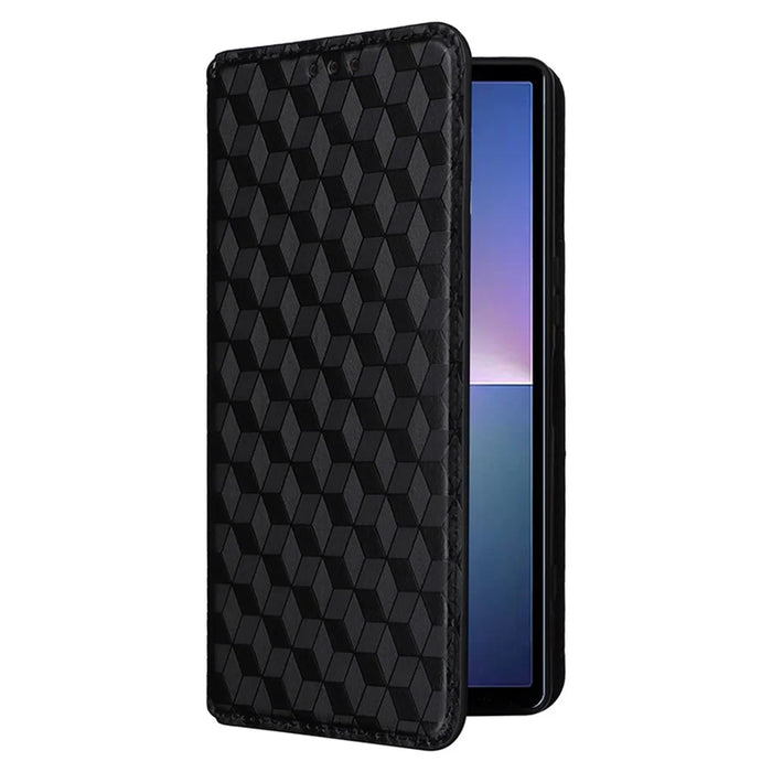 For Sony Xperia 5 V Cover Rhombus Imprinted PU Leather Stand Wallet Phone Shell - Black - 5