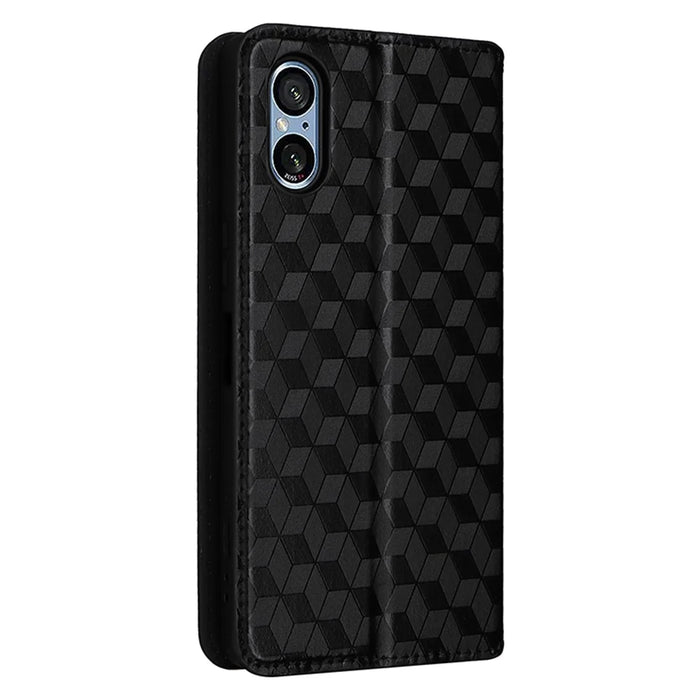 For Sony Xperia 5 V Cover Rhombus Imprinted PU Leather Stand Wallet Phone Shell - Black - 6
