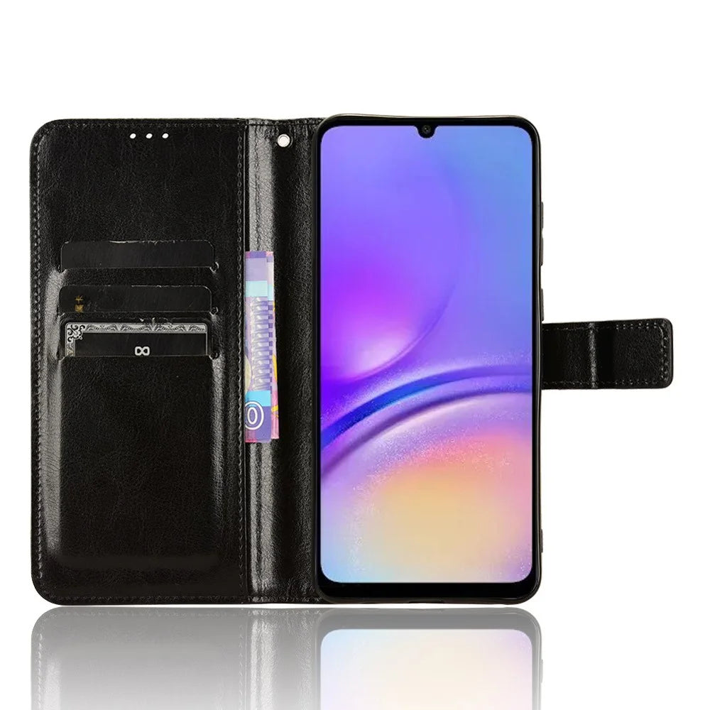 For Samsung Galaxy A05 4G Case Crazy Horse Texture Leather Wallet Stand Phone Cover - Black - 2