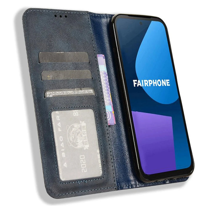 For Fairphone 5 Case Phone Stand Cover Retro PU Leather Wallet Magnetic Shell - Blue - 2