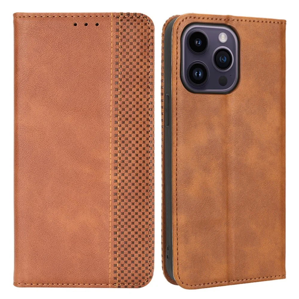 For iPhone 15 Pro Max Case Magnetic Auto-absorbed Leather Wallet Stand Phone Cover - Brown - 1