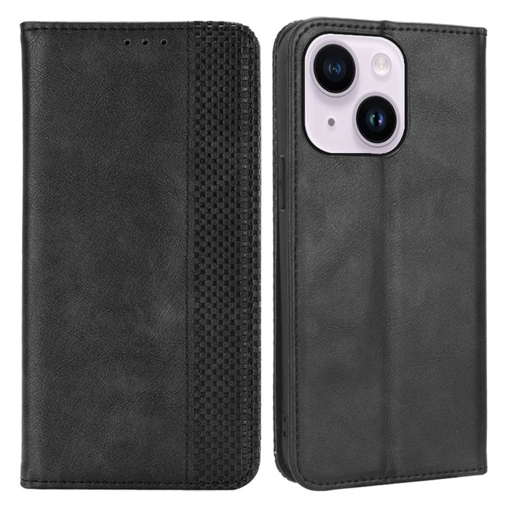 For iPhone 15 Case Folding Stand Shockproof Phone Cover Retro PU Leather Wallet - Black - 1