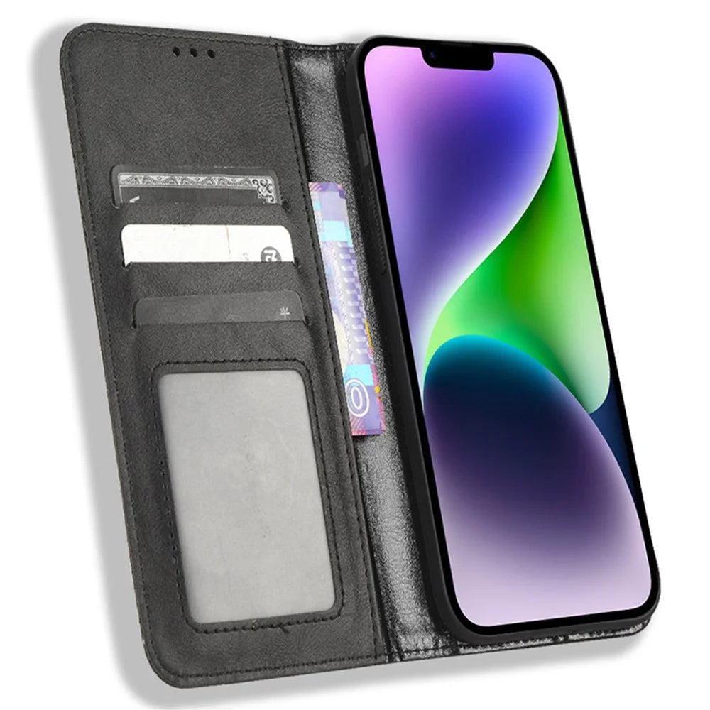 For iPhone 15 Case Folding Stand Shockproof Phone Cover Retro PU Leather Wallet - Black - 2