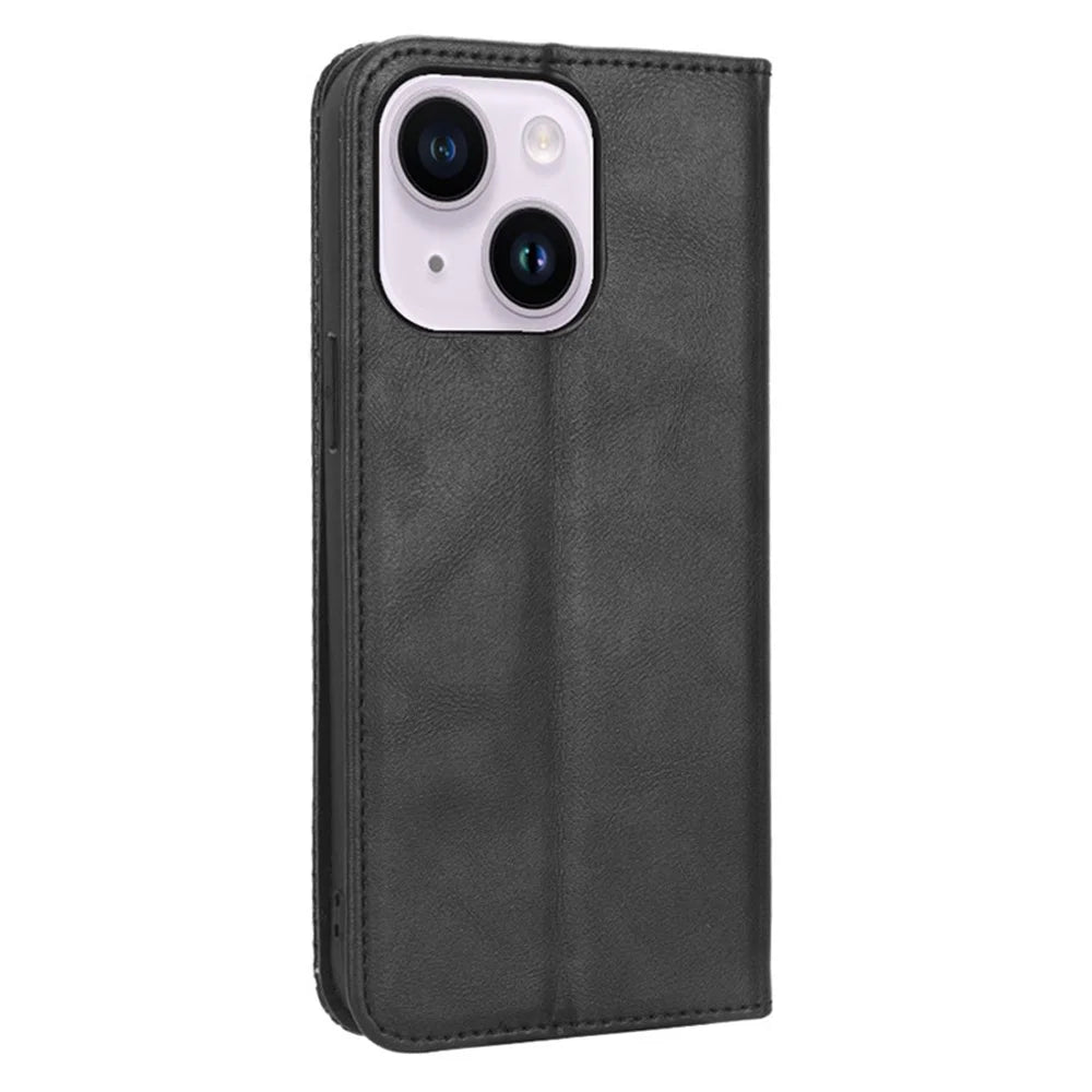 For iPhone 15 Case Folding Stand Shockproof Phone Cover Retro PU Leather Wallet - Black - 6