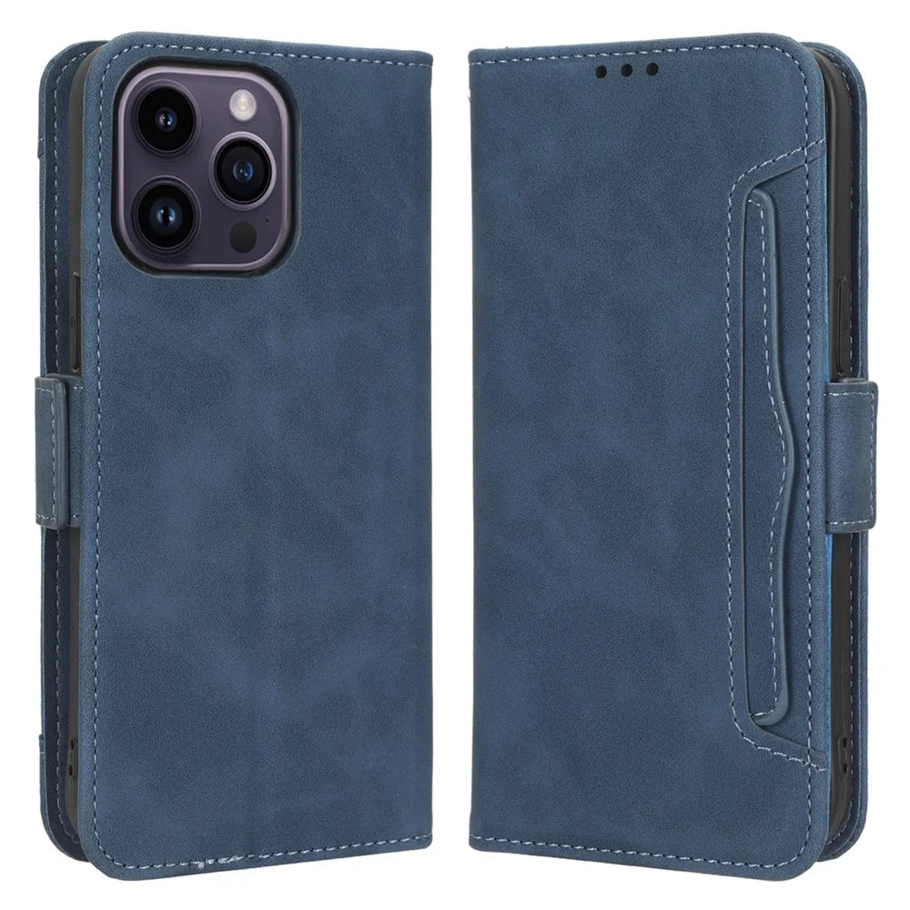 For iPhone 15 Pro Cover Multiple Card Slots Leather Wallet Stand Phone Case - Blue - 1