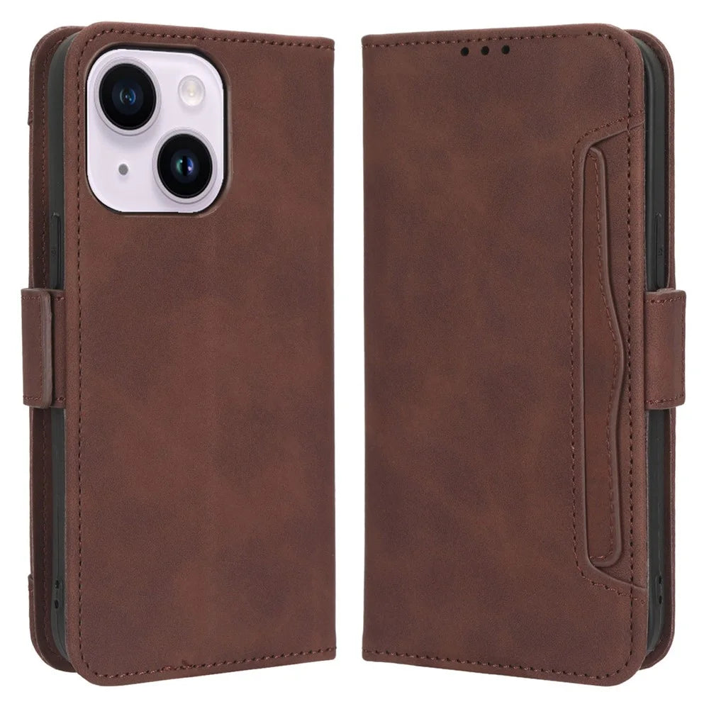 For iPhone 15 Case Multiple Card Slots Wallet Full Protection Leather Phone Cover - Brown - 1