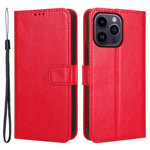 For iPhone 15 Pro Case Crazy Horse Texture PU Leather Wallet Protective Phone Cover - Red - 1
