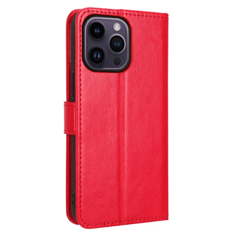 For iPhone 15 Pro Case Crazy Horse Texture PU Leather Wallet Protective Phone Cover - Red - 5