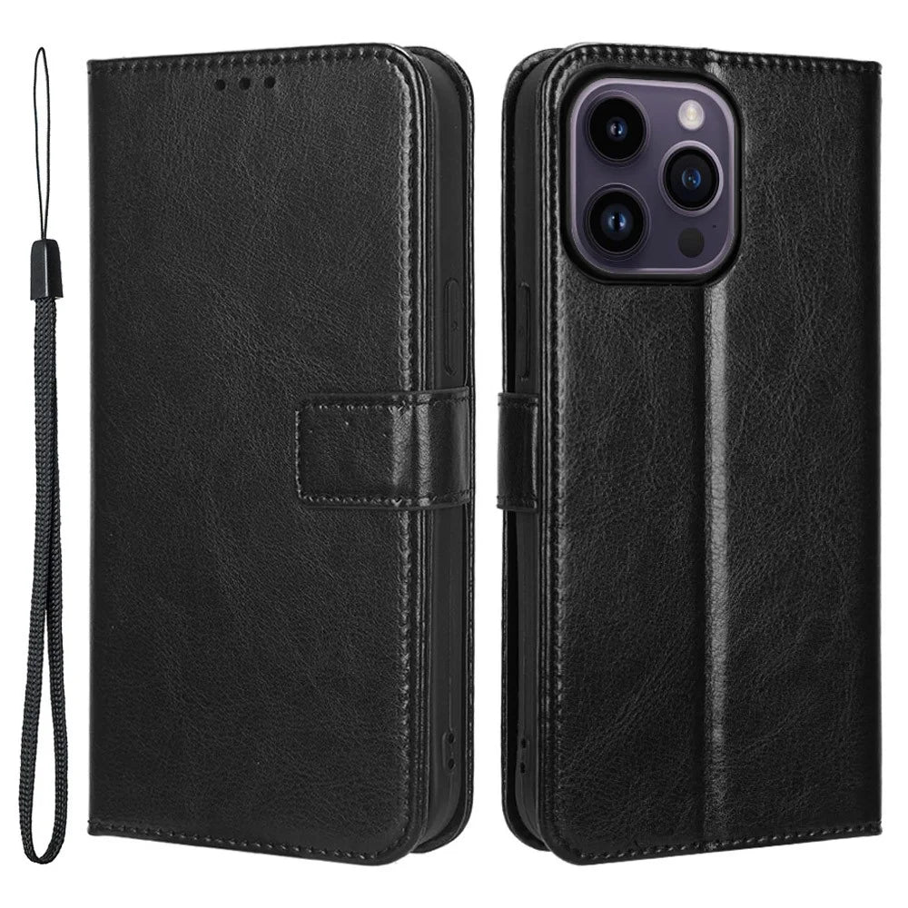 For iPhone 15 Pro Max Case Crazy Horse Texture Leather Stand Anti-fall Phone Cover - Black - 1
