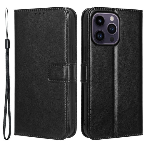 For iPhone 15 Pro Max Case Crazy Horse Texture Leather Stand Anti-fall Phone Cover - Black - 1