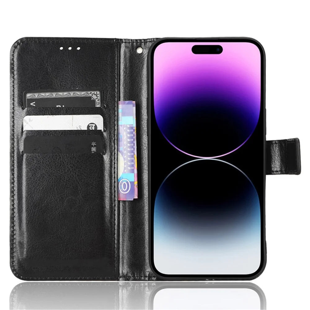 For iPhone 15 Pro Max Case Crazy Horse Texture Leather Stand Anti-fall Phone Cover - Black - 2
