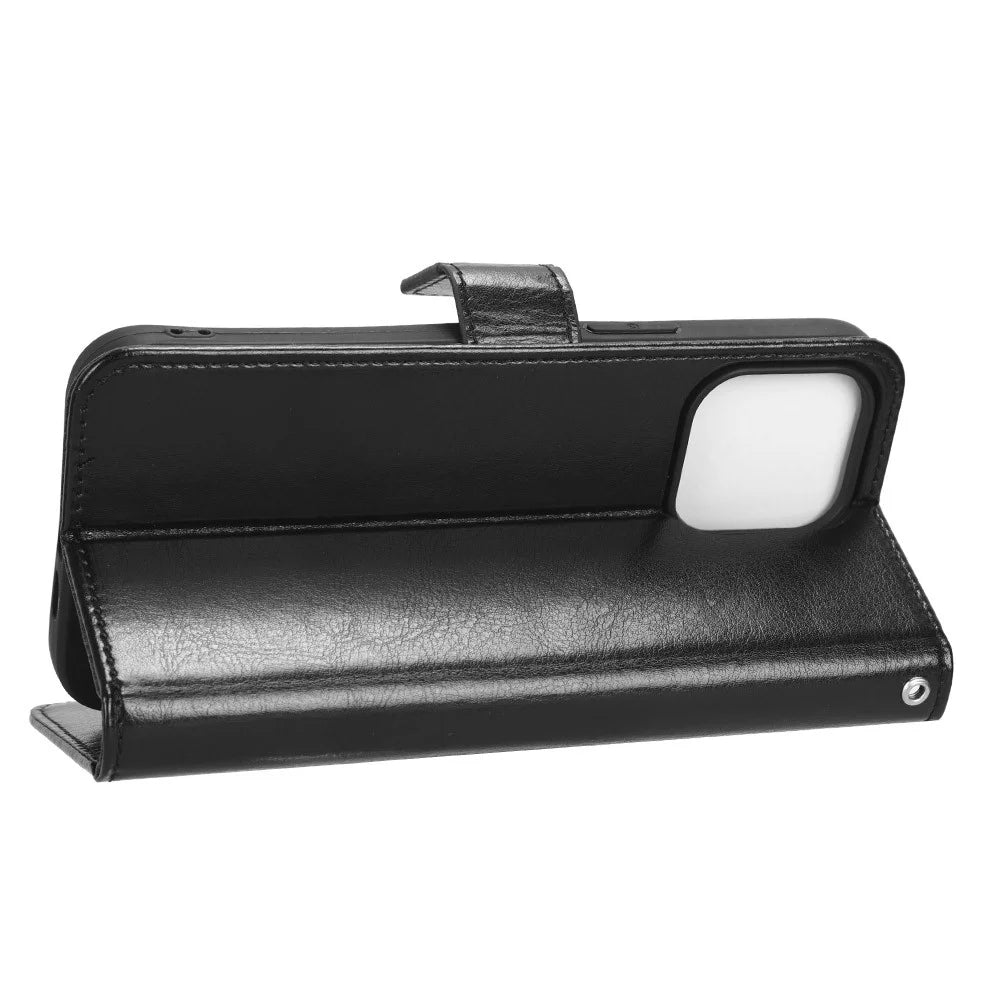 For iPhone 15 Pro Max Case Crazy Horse Texture Leather Stand Anti-fall Phone Cover - Black - 3