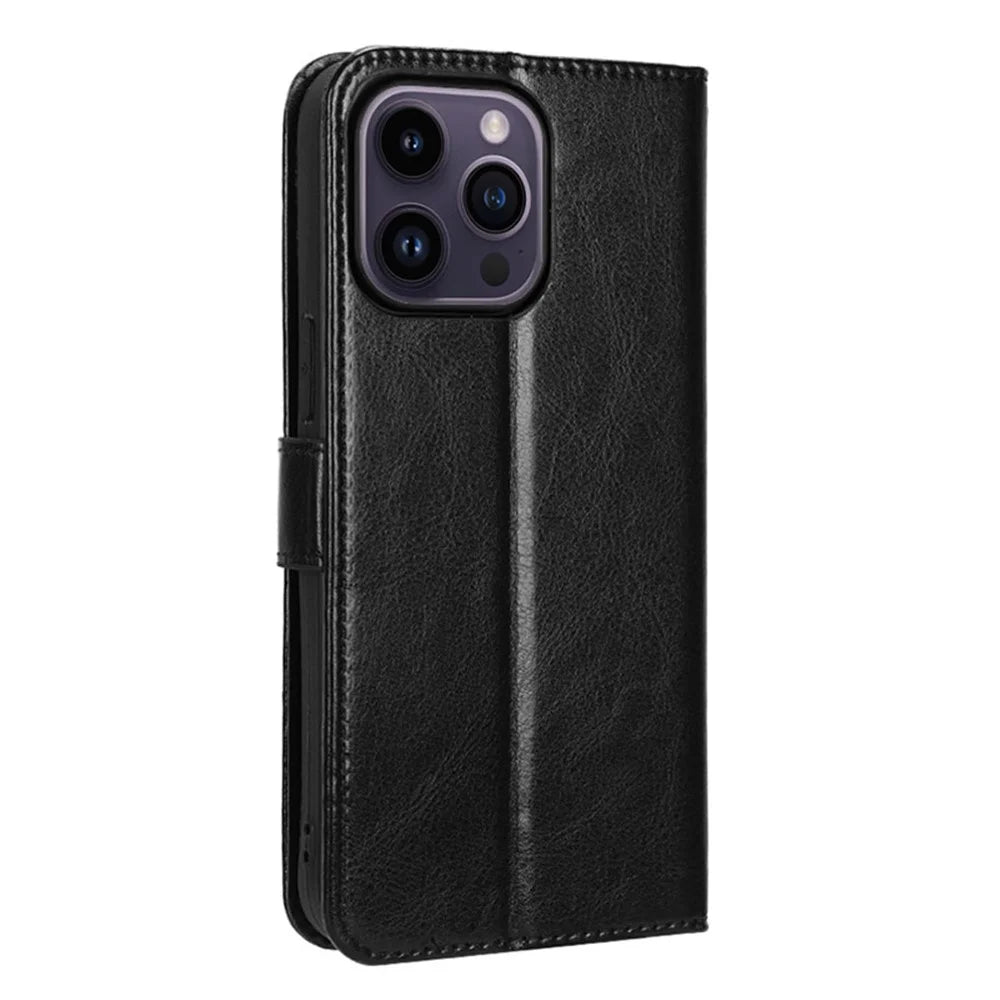 For iPhone 15 Pro Max Case Crazy Horse Texture Leather Stand Anti-fall Phone Cover - Black - 5