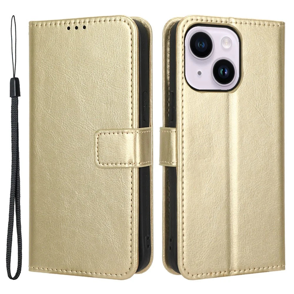 For iPhone 15 Leather Case Crazy Horse Texture Anti-drop Phone Cover with Wallet Stand - Gold - 1