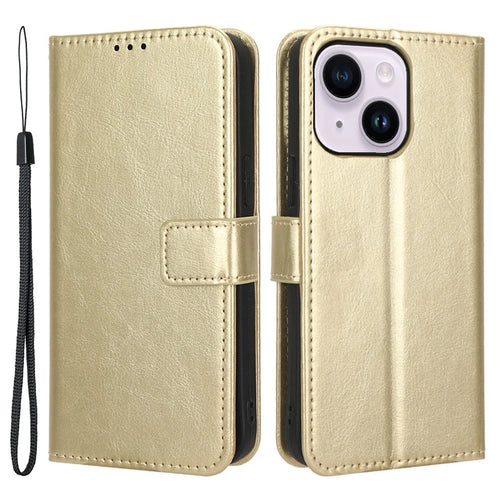 For iPhone 15 Leather Case Crazy Horse Texture Anti-drop Phone Cover with Wallet Stand - Gold - 1