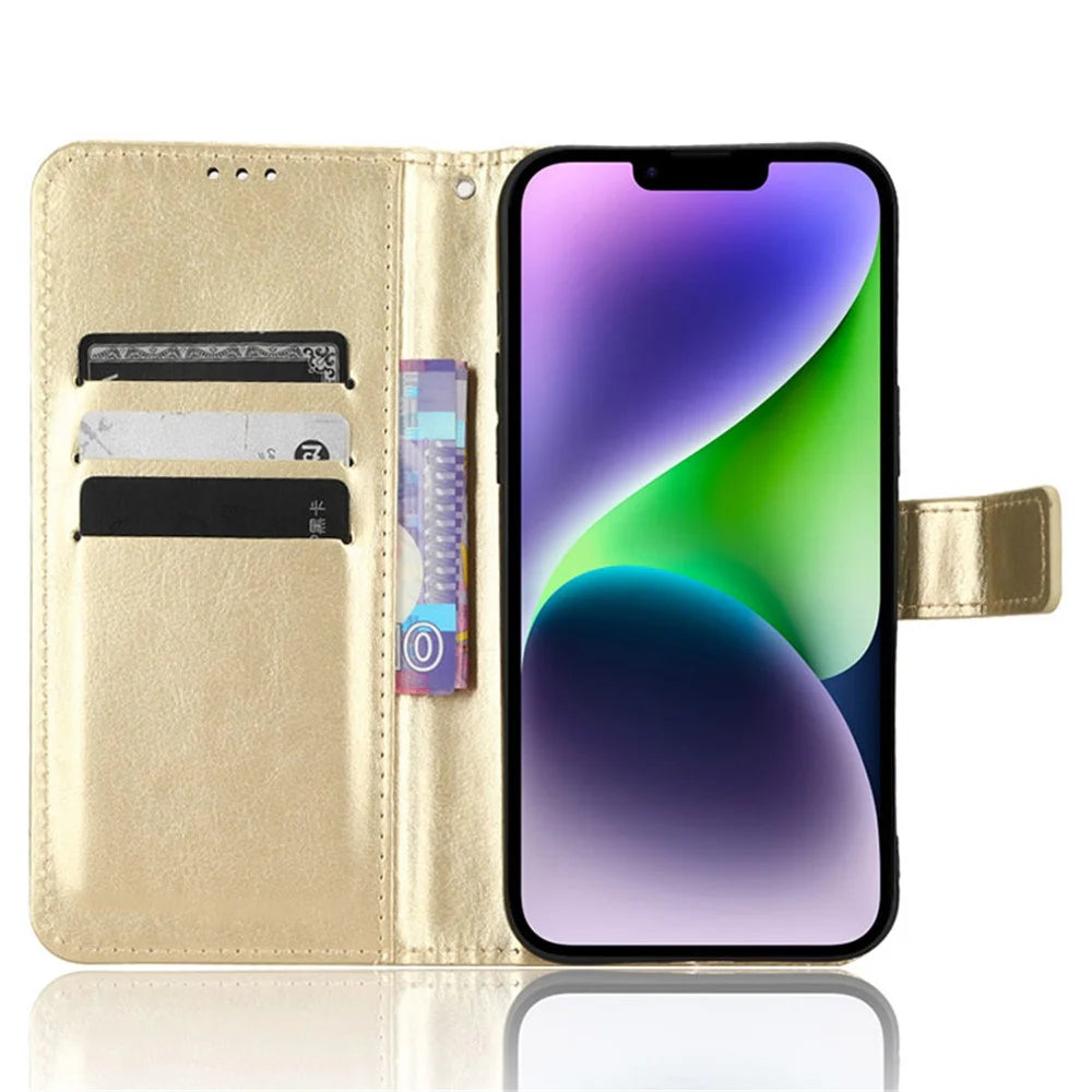 For iPhone 15 Leather Case Crazy Horse Texture Anti-drop Phone Cover with Wallet Stand - Gold - 2