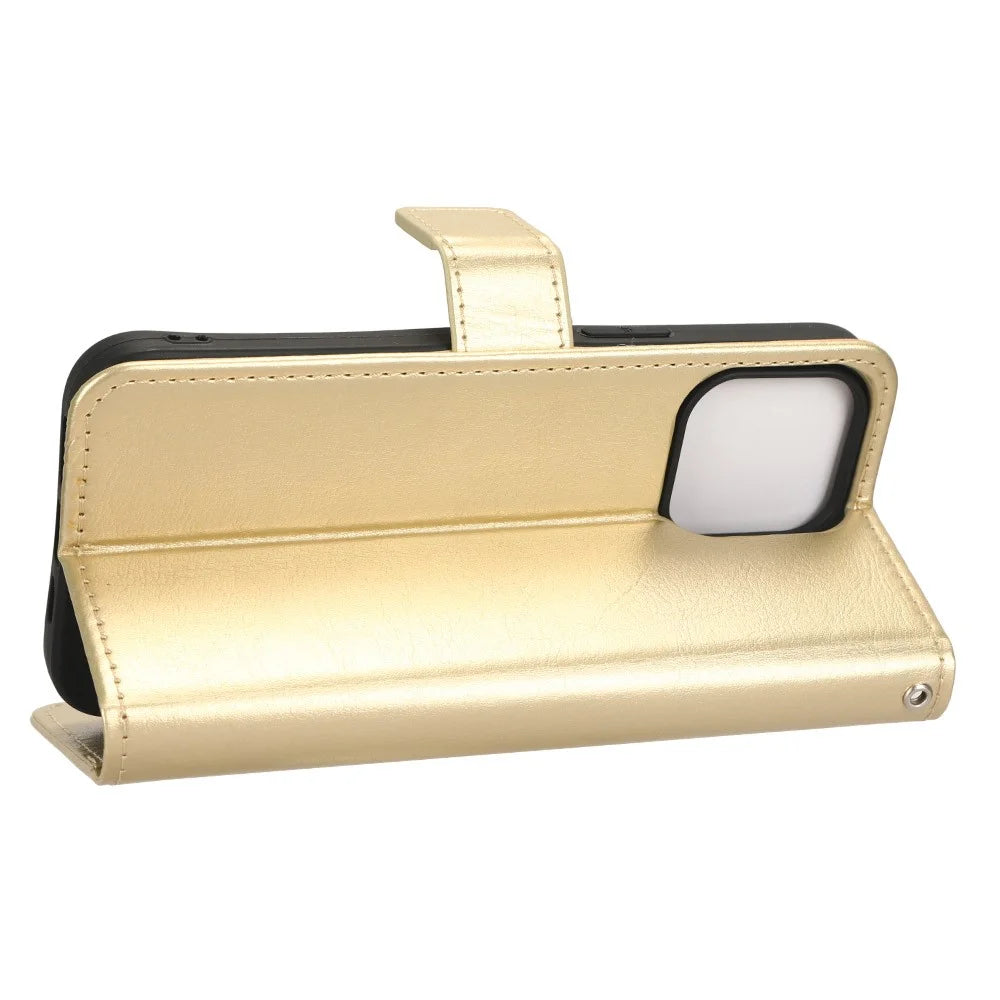 For iPhone 15 Leather Case Crazy Horse Texture Anti-drop Phone Cover with Wallet Stand - Gold - 3