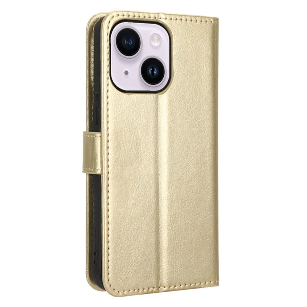 For iPhone 15 Leather Case Crazy Horse Texture Anti-drop Phone Cover with Wallet Stand - Gold - 5