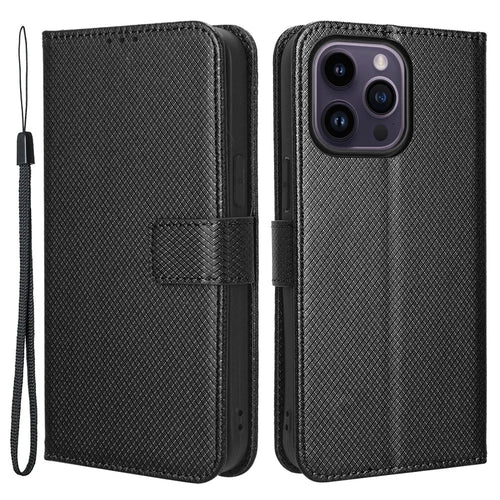 Phone Cover for iPhone 15 Pro Max Case Leather Stand Shell Diamond Texture Wallet - Black - 1