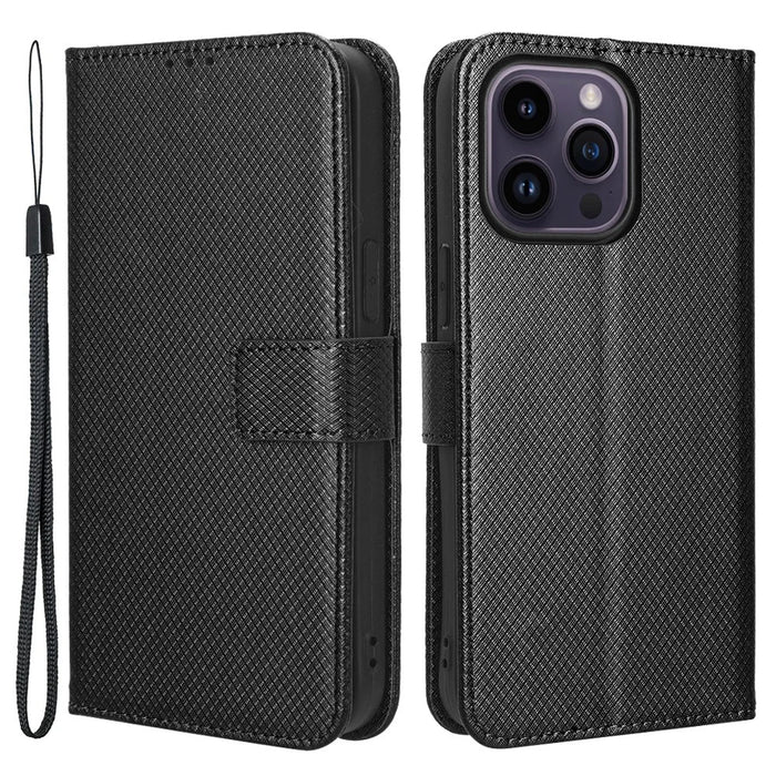 Phone Cover for iPhone 15 Pro Max Case Leather Stand Shell Diamond Texture Wallet - Black - 1