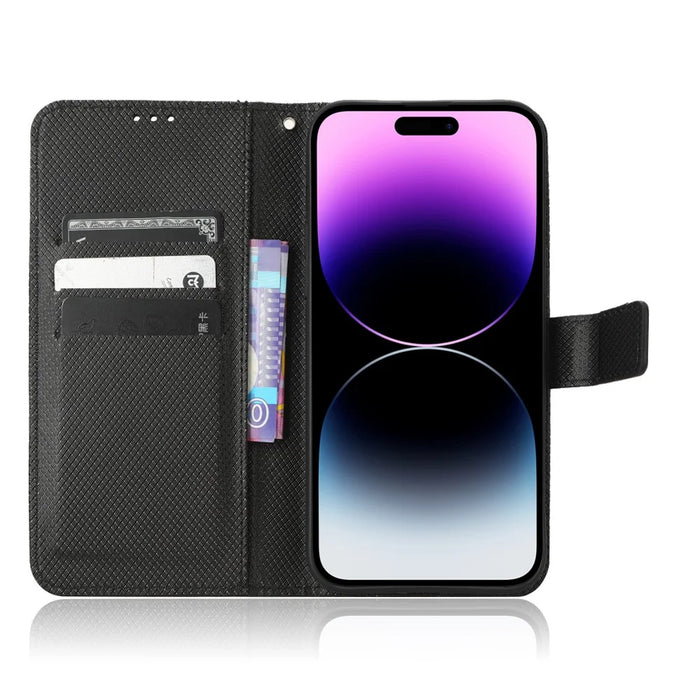 Phone Cover for iPhone 15 Pro Max Case Leather Stand Shell Diamond Texture Wallet - Black - 2