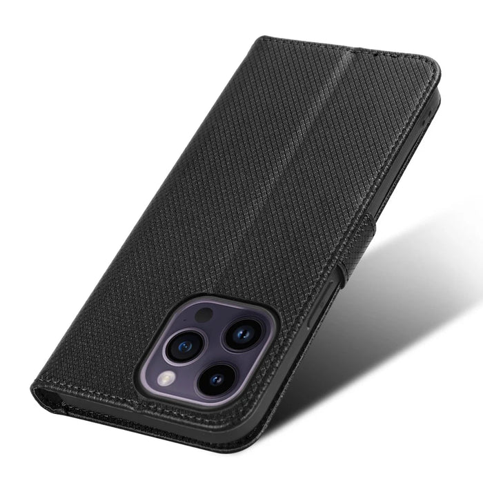 Phone Cover for iPhone 15 Pro Max Case Leather Stand Shell Diamond Texture Wallet - Black - 5