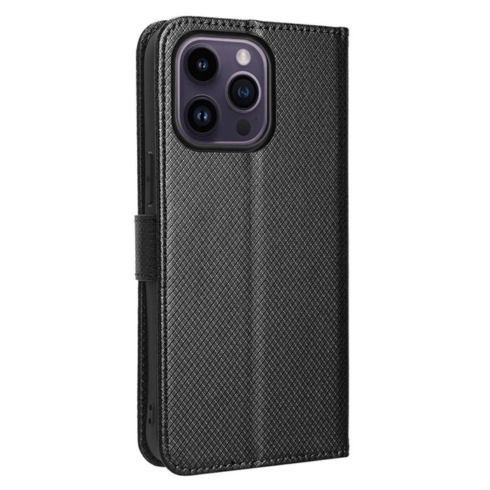 Phone Cover for iPhone 15 Pro Max Case Leather Stand Shell Diamond Texture Wallet - Black - 7