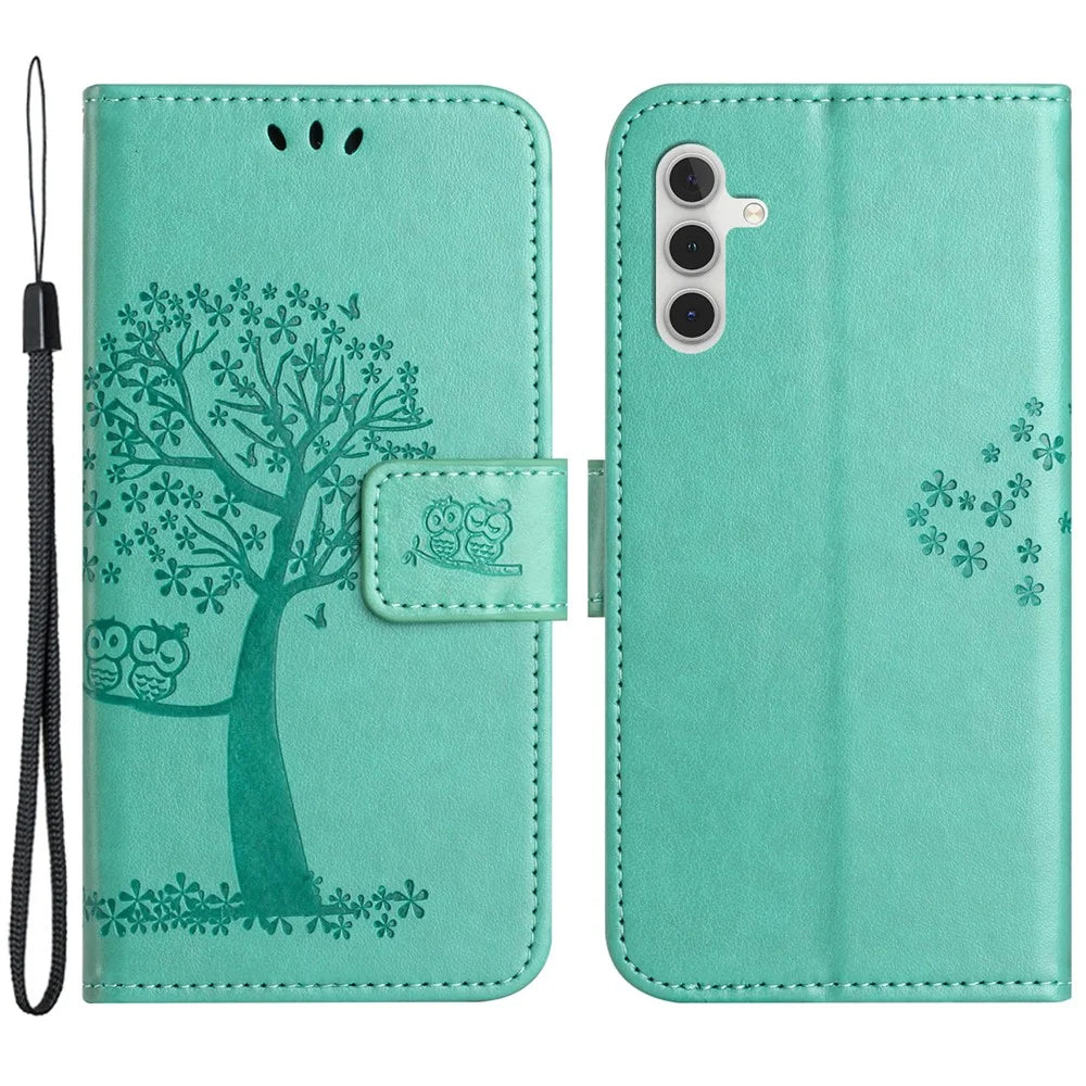 For Samsung Galaxy A05s 4G Cover Owl Tree Pattern Leather Wallet Phone Case - Cyan - 1