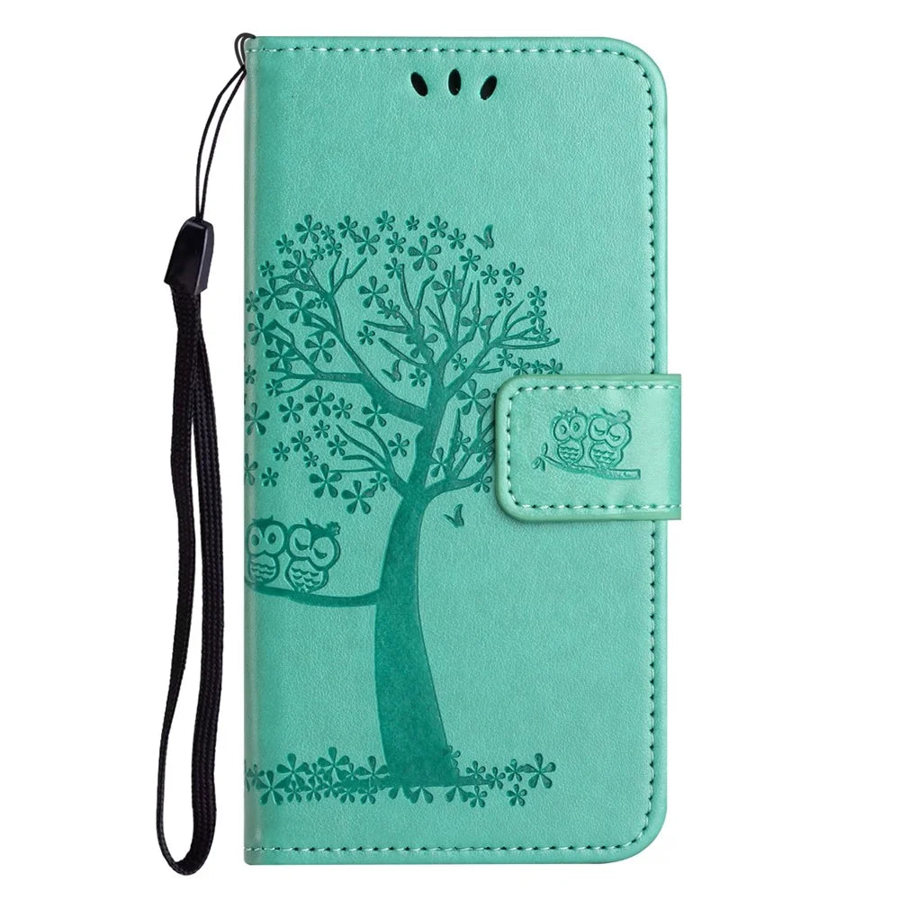 For Samsung Galaxy A05s 4G Cover Owl Tree Pattern Leather Wallet Phone Case - Cyan - 5