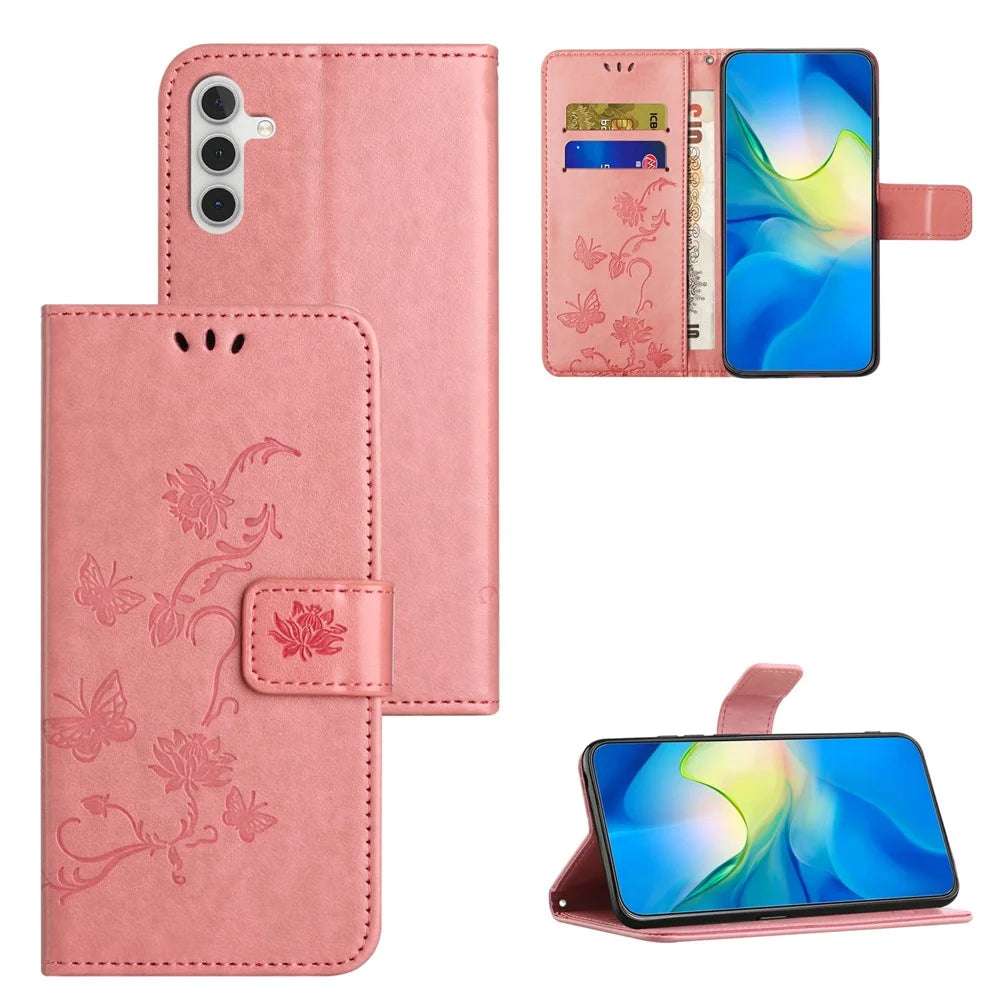 For Samsung Galaxy A05s 4G Case Butterfly Flower Imprinted Anti-drop Leather Phone Cover - Pink - 7